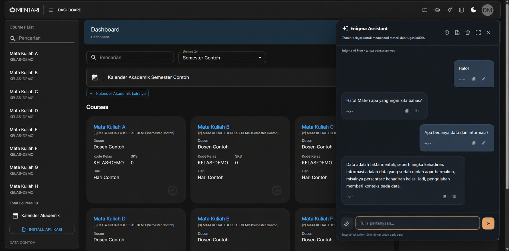 Enigma Assistant dengan percakapan contoh tentang data dan informasi; identitas dan data kelas telah diganti dengan data dummy.