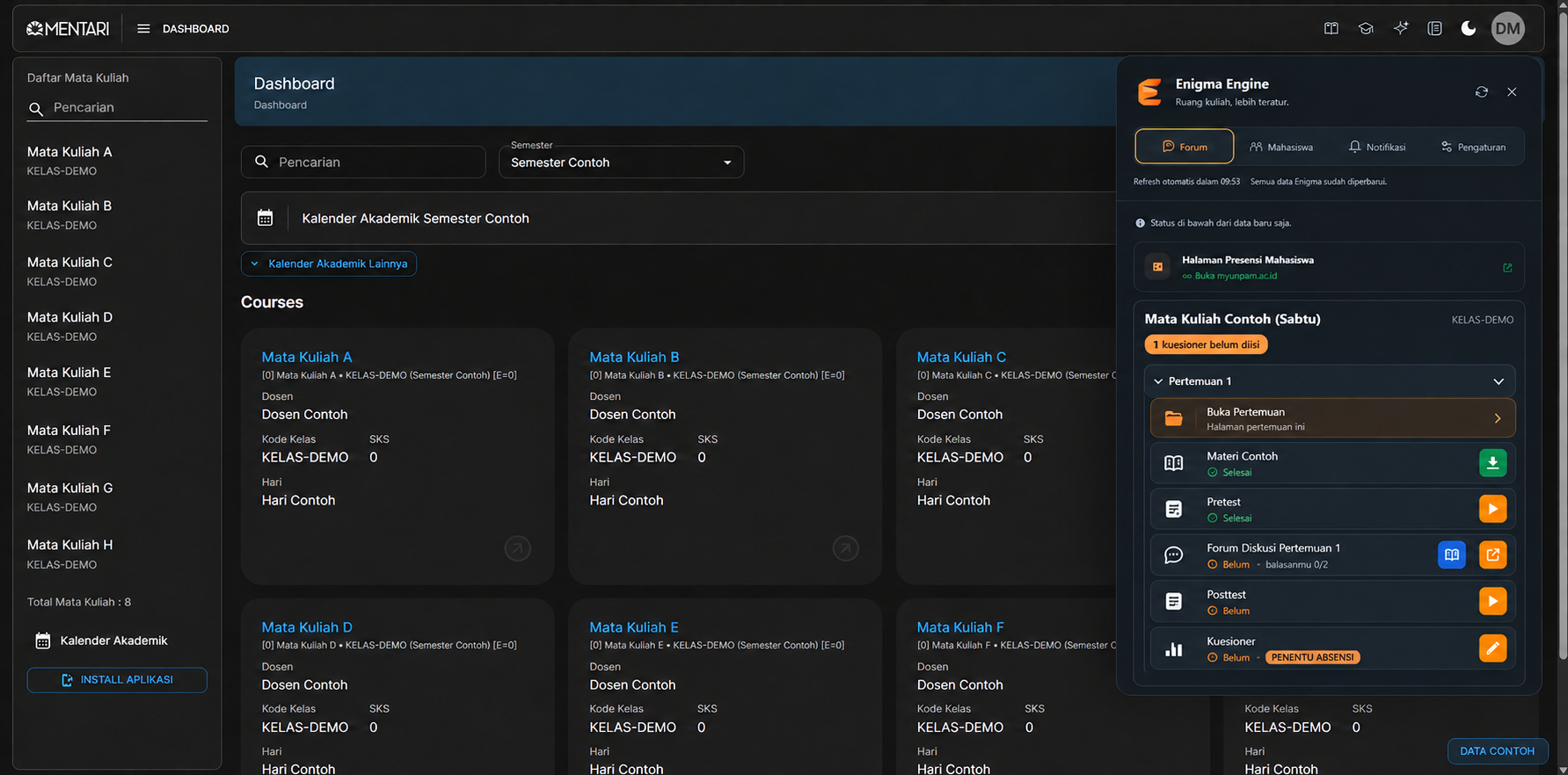 Dashboard MENTARI dengan panel Enigma; seluruh data akun dan kelas diganti data contoh.