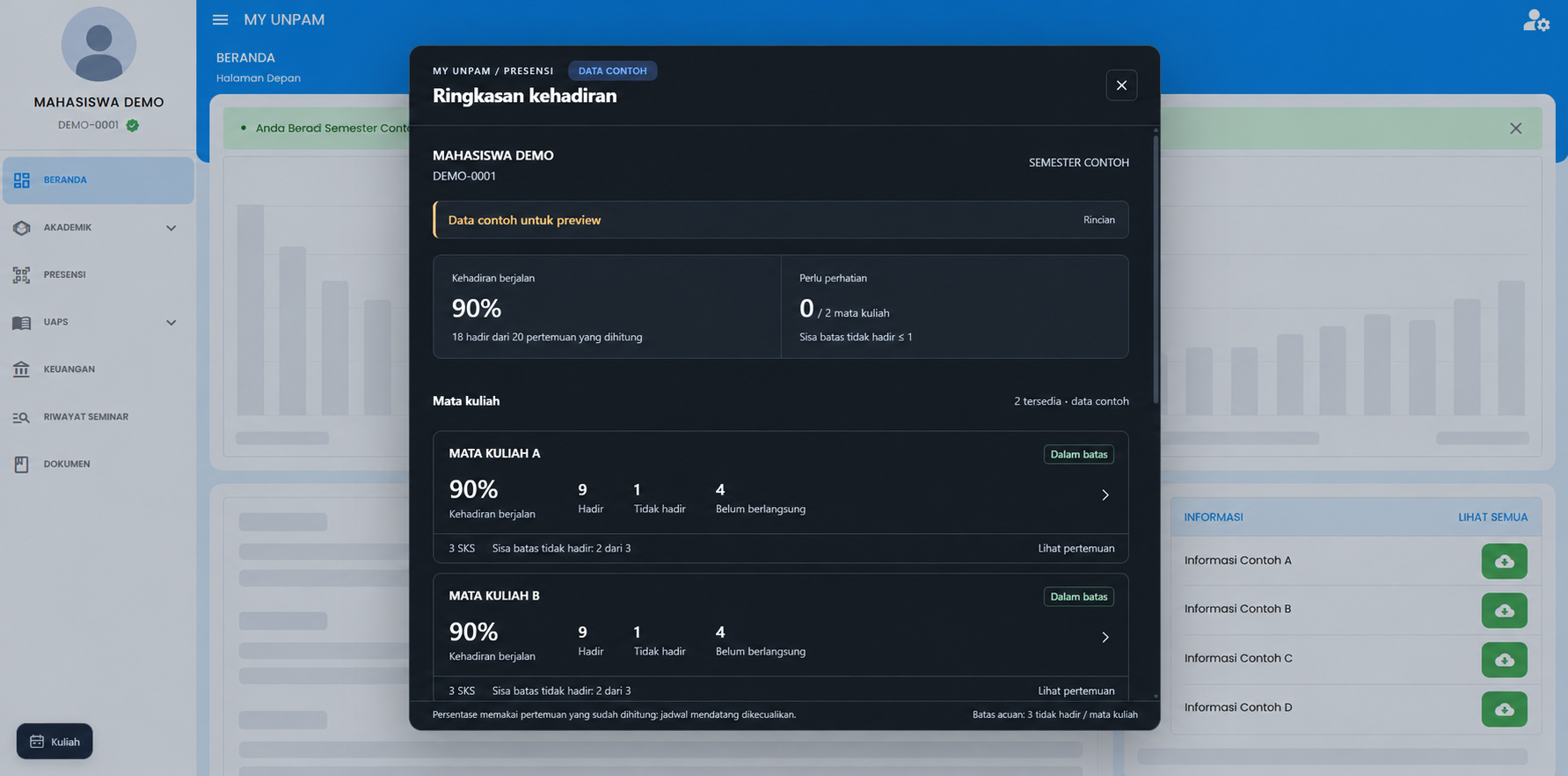 Ringkasan kehadiran mahasiswa demo; foto diganti avatar generik, nama, NIM, dan angka kehadiran memakai data contoh.
